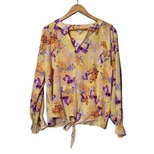 Counterparts Yellow Floral V Neck‎ Tie Front Long Sleeve Blouse Top Women's XL